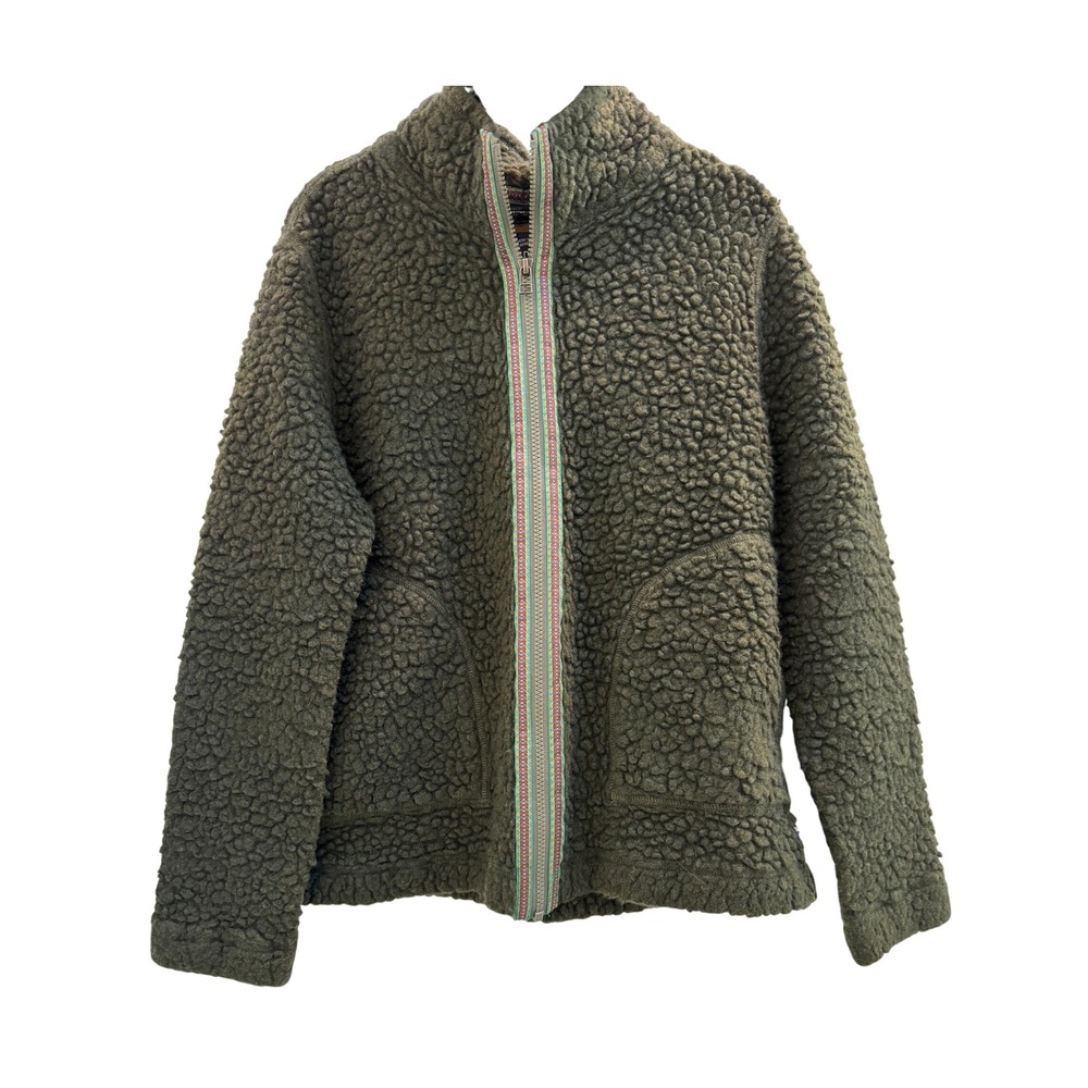 Toad&Co Sherpa Fleece Jacket Women Large Green Recycled Wool Full Zip Trim